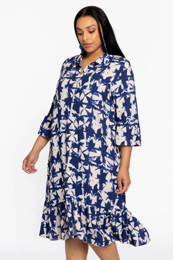 YOEK gebloemde jurk Plus Size met linnen blauw