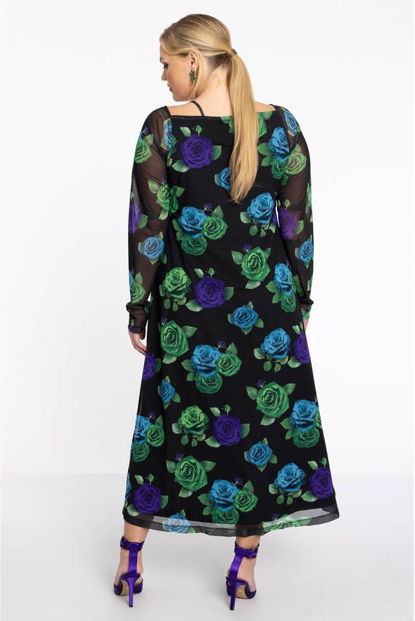 YOEK gebloemde maxi jurk zwart blauw groen