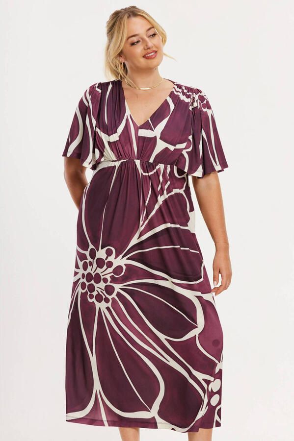 YOEK gebloemde midi jurk aubergine