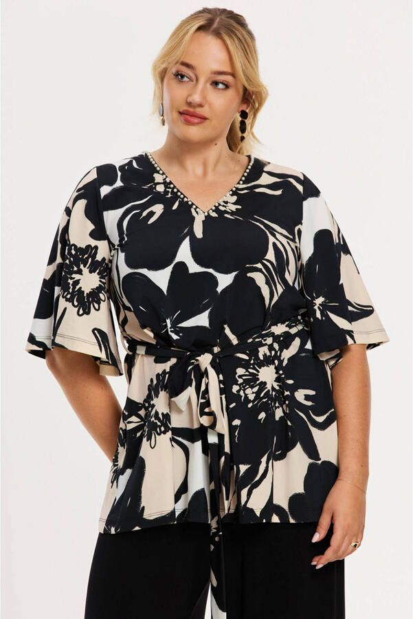 YOEK gebloemde tuniek beige