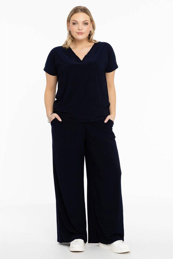 YOEK high waist wide leg broek DOLCE van travelstof blauw