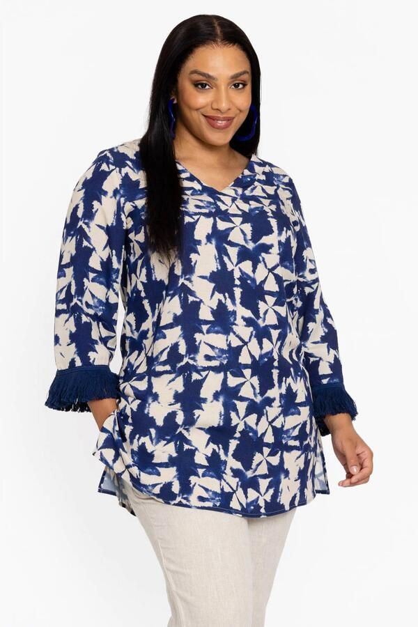 YOEK tuniek Plus Size met print en linnen blauw