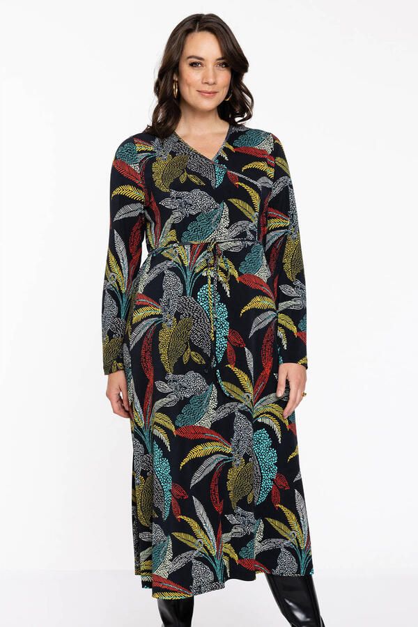 YOEK jurk DOLCE van travelstof met all over print zwart geel rood