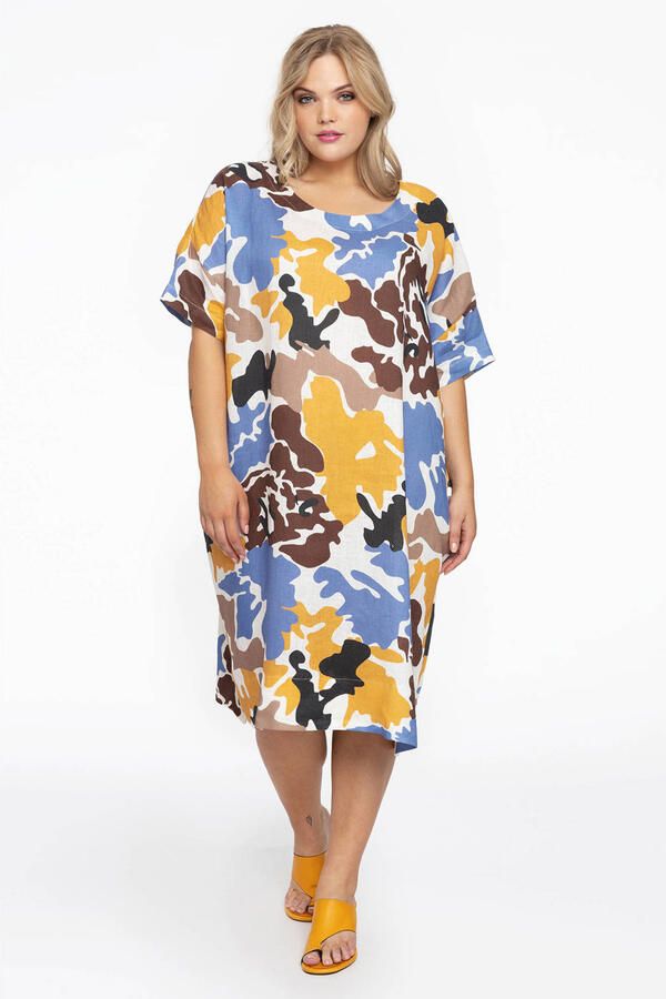 YOEK jurk met all over print ecru geel blauw bruin - Foto 2