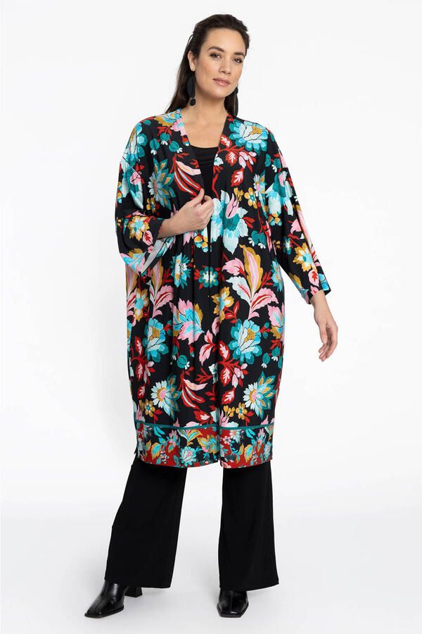 YOEK kimono met all over print zwart blauw oranje - Foto 2