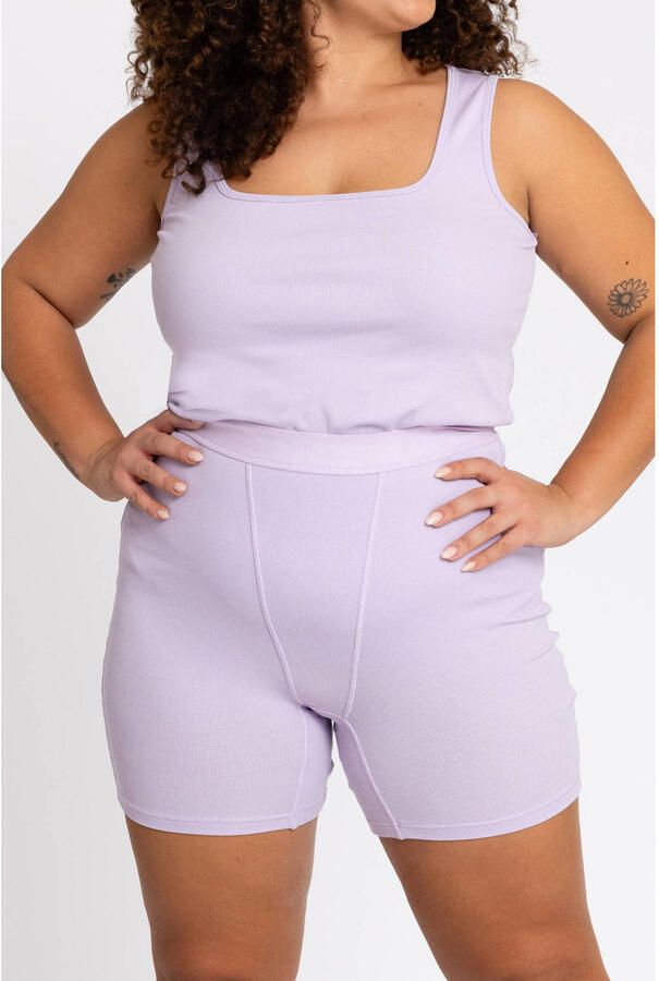 YOEK Lounge straight high waist biker short lila rib gebreid