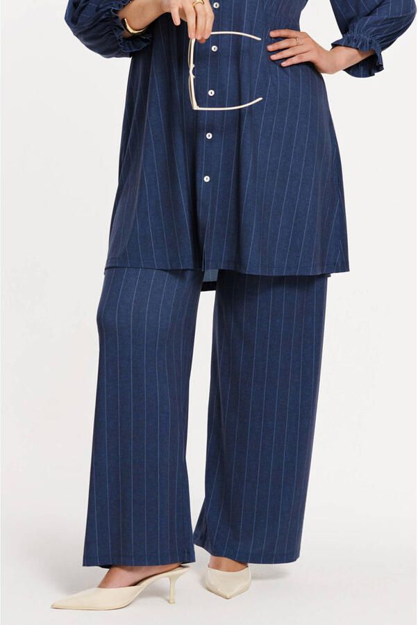 YOEK wide leg high waist broek met krijtstreep blauw