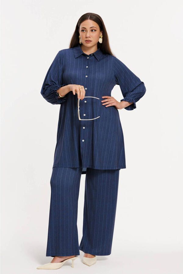 YOEK wide leg high waist broek met krijtstreep blauw - Foto 3