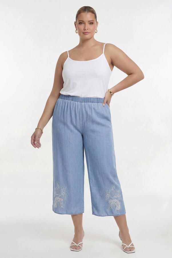 YOEK wide leg regular waist broek broderie light blue denim