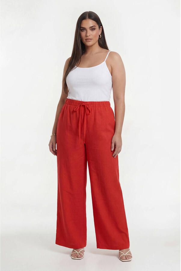YOEK wide leg regular waist broek linnen koraalrood