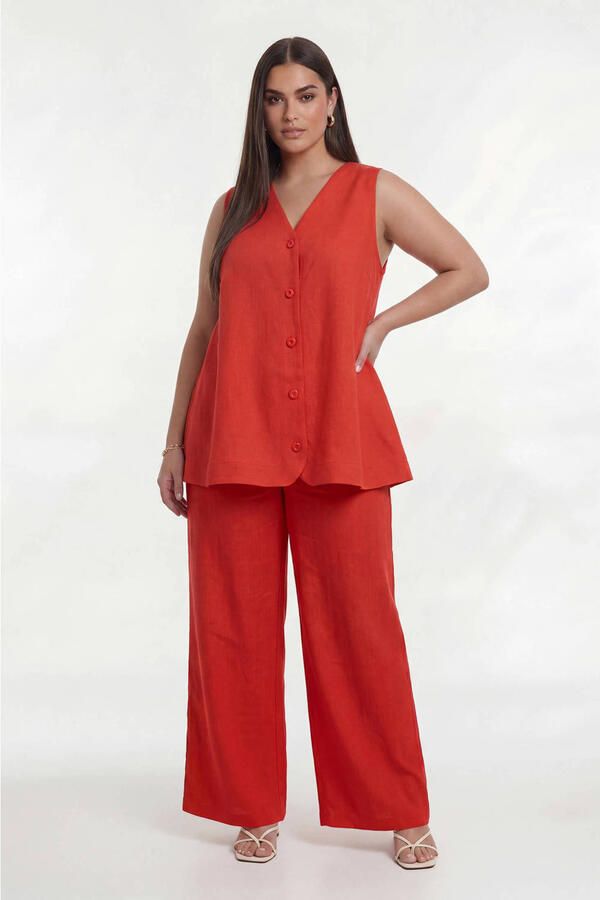 YOEK wide leg regular waist broek linnen koraalrood - Foto 2