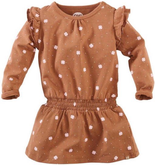 Z8 newborn baby jurk Bibi met all over print en ruches bruin ecru