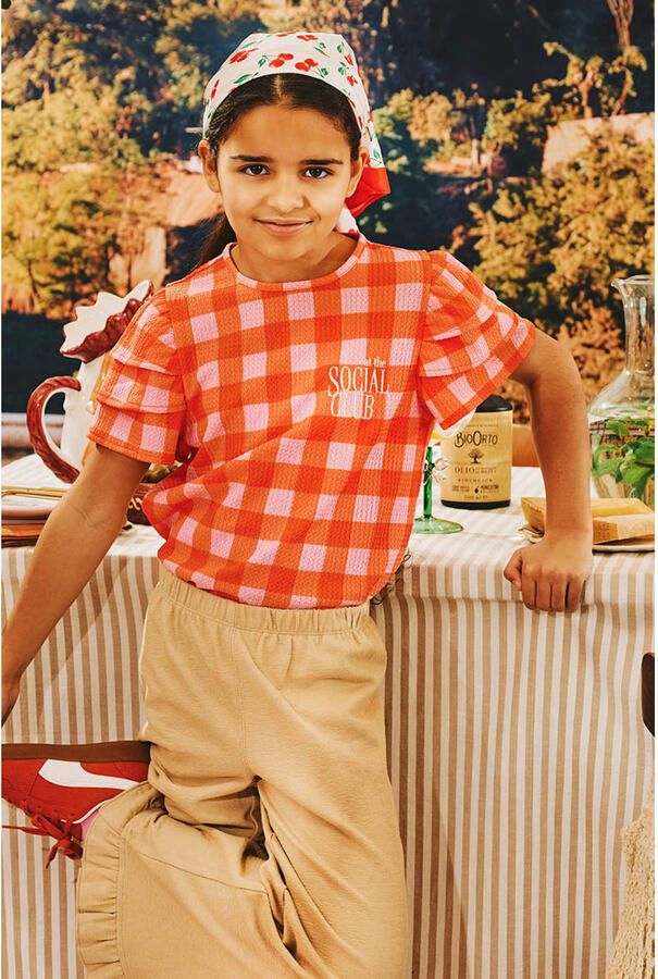 Z8 kids T-shirt Piper met ruitprint koraalrood roze