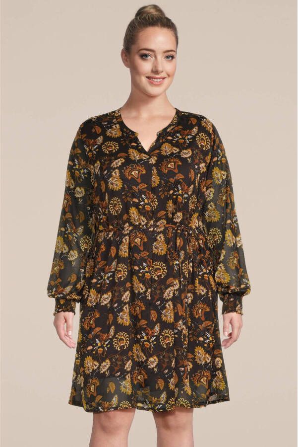 Zhenzi A-lijn jurk MELODIE met all over print en ceintuur zwart bruin