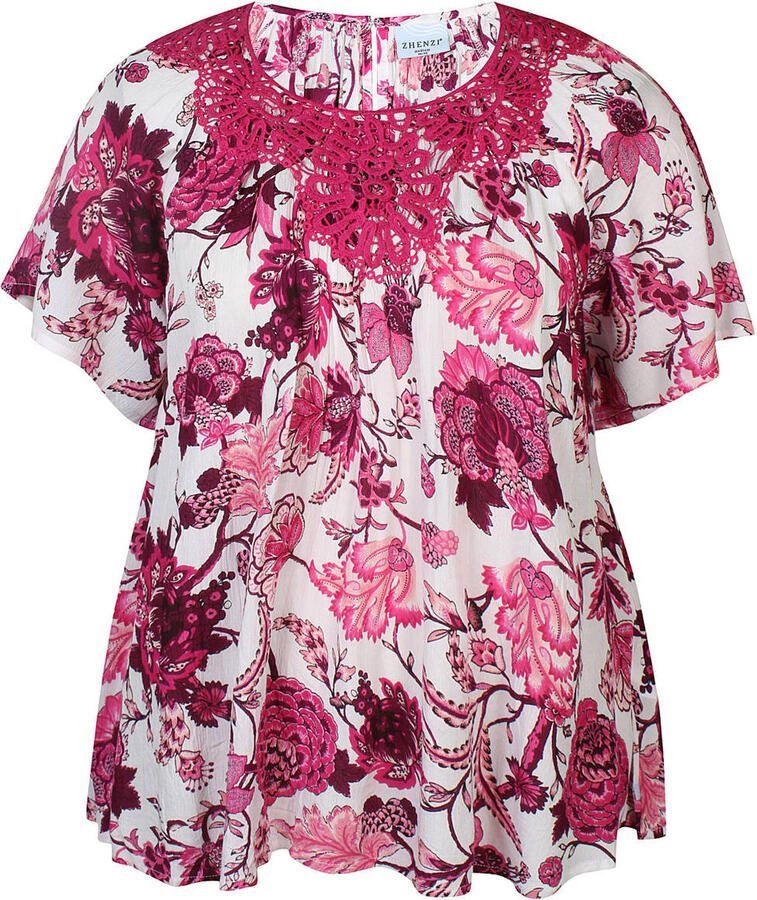 Zhenzi gebloemd T-shirt broderie roze