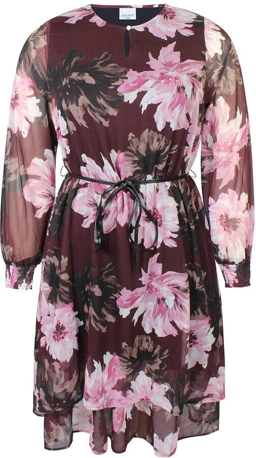 Zhenzi Plus Size A-lijn gebloemde blousejurk met ceintuur donkerrood