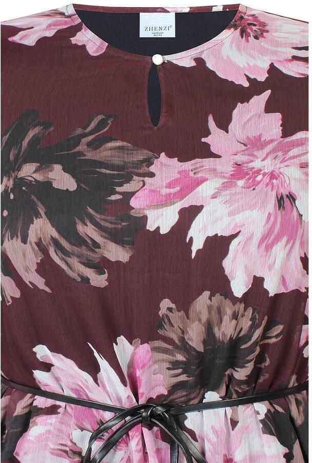 Zhenzi Plus Size A-lijn gebloemde blousejurk met ceintuur donkerrood - Foto 2