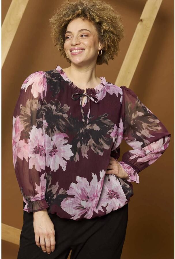 Zhenzi Plus Size gebloemde semi-transparante blouse donkerrood roze - Foto 2