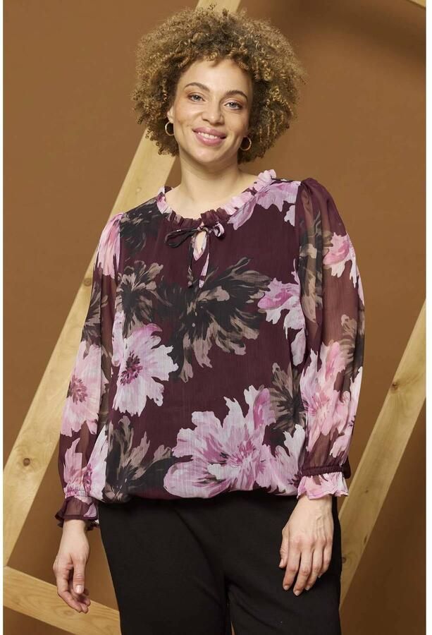 Zhenzi Plus Size gebloemde semi-transparante blouse donkerrood roze