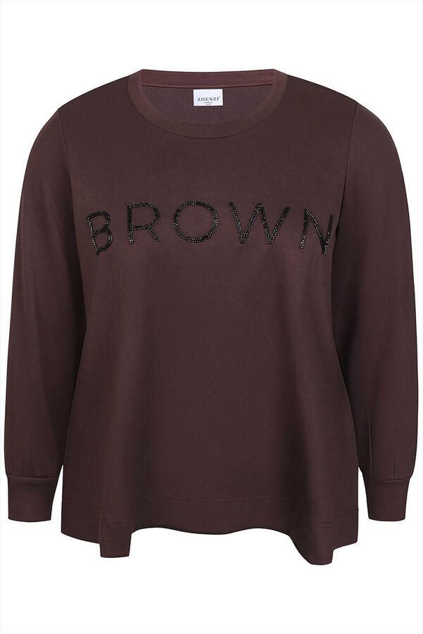 Zhenzi sweater Plus Size met tekst bruin