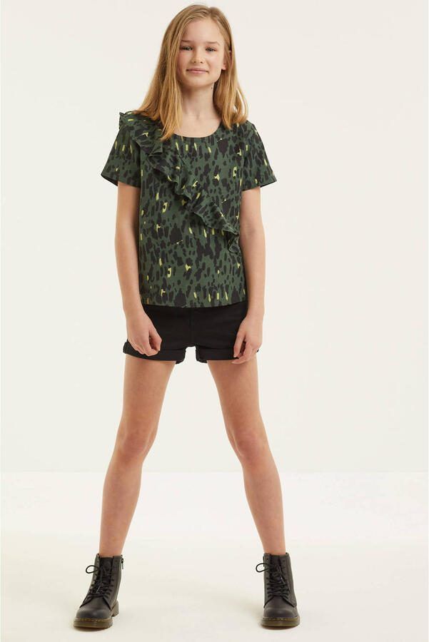 Zigga top met all over print en volant donkergroen zwart geel Meisjes Viscose Ronde hals 110 116