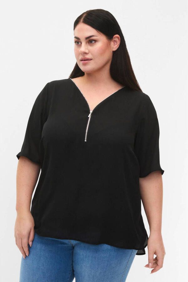 Zizzi blousetop MSERENA van gerecycled polyester zwart