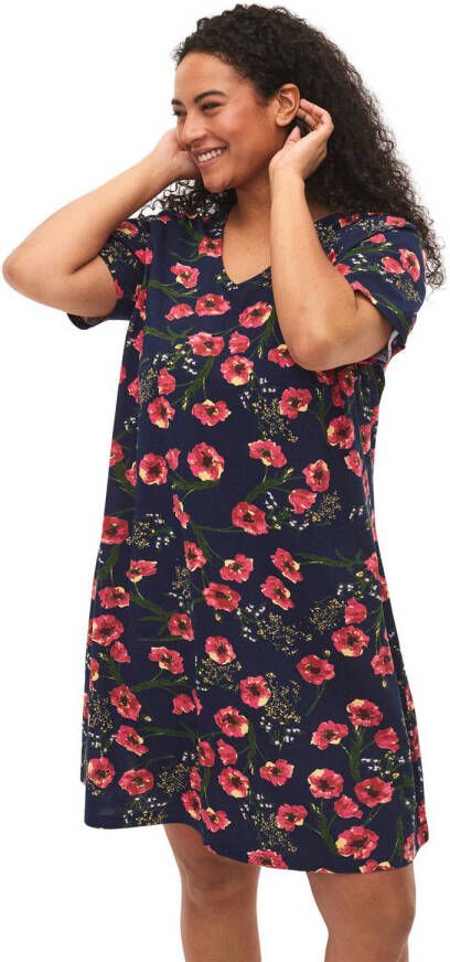 Zizzi gebloemde T-shirtjurk VMINA donkerblauw rood groen