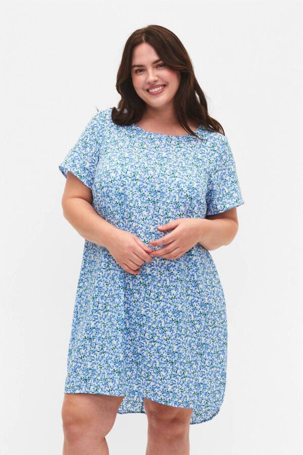 Zizzi T-shirtjurk CAANNI met all over print blauw ecru groen