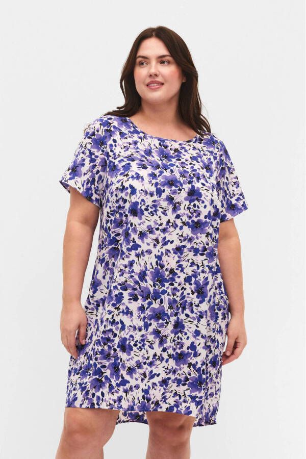 Zizzi T-shirtjurk CAANNI met all over print paars ecru zwart