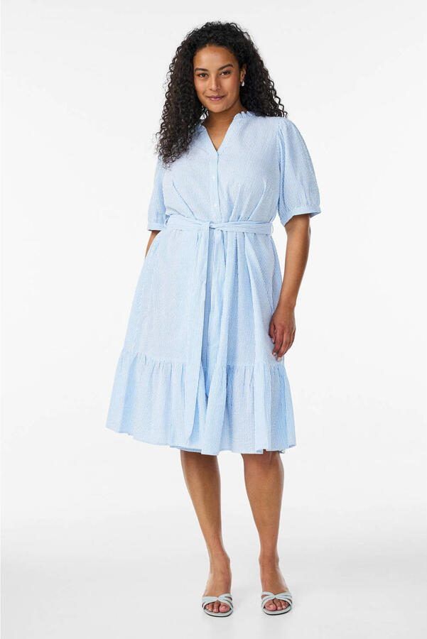 Zizzi blousejurk met krijtstreep en ceintuur Plus Size lichtblauw