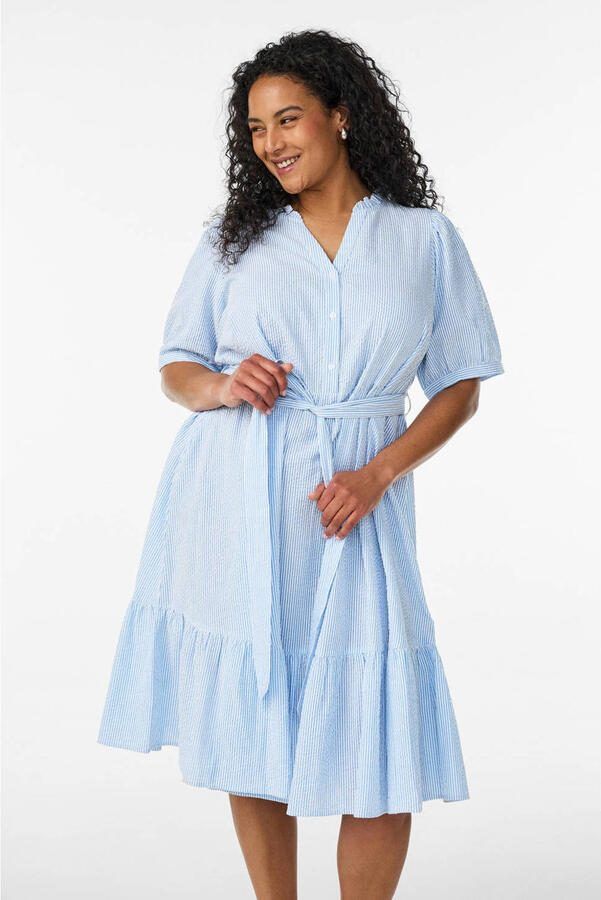Zizzi blousejurk met krijtstreep en ceintuur Plus Size lichtblauw - Foto 2