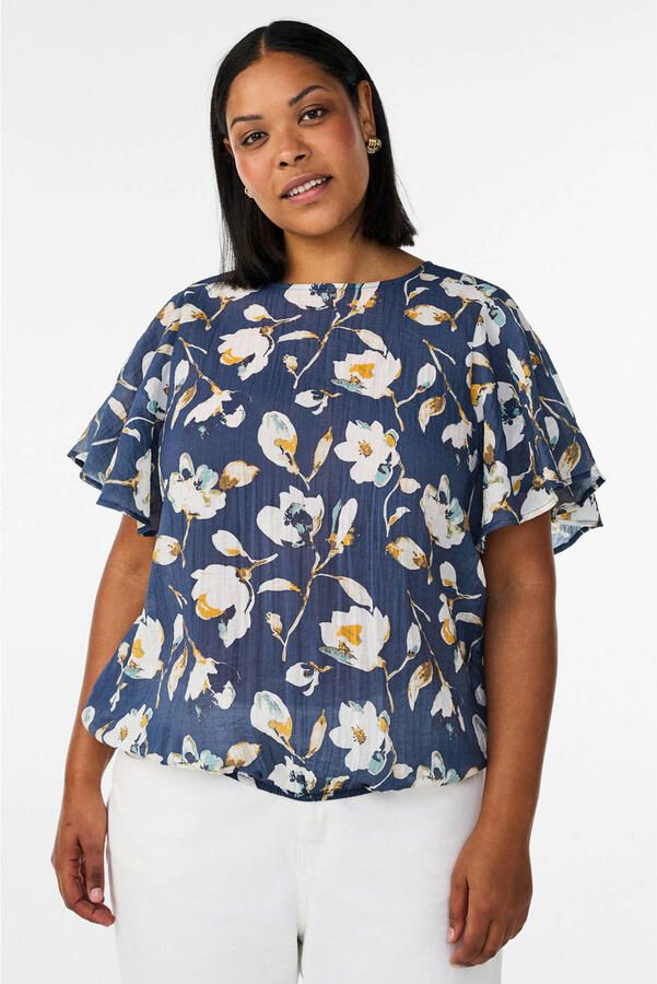 Zizzi gebloemde top Plus Size donkerblauw
