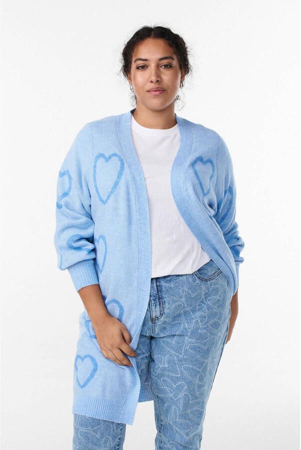 Zizzi gebreid vest met hartjes blauw