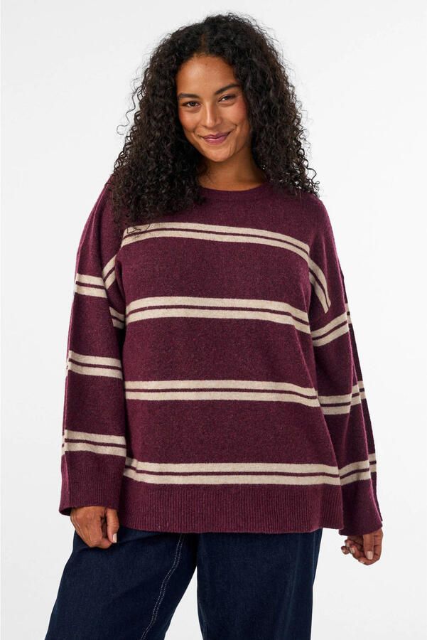 Zizzi gebreide gestreepte trui Plus Size met wol donkerrood