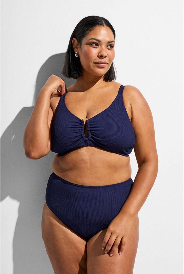 Zizzi high waist bikinibroekje SLINO met ribstructuur donkerblauw
