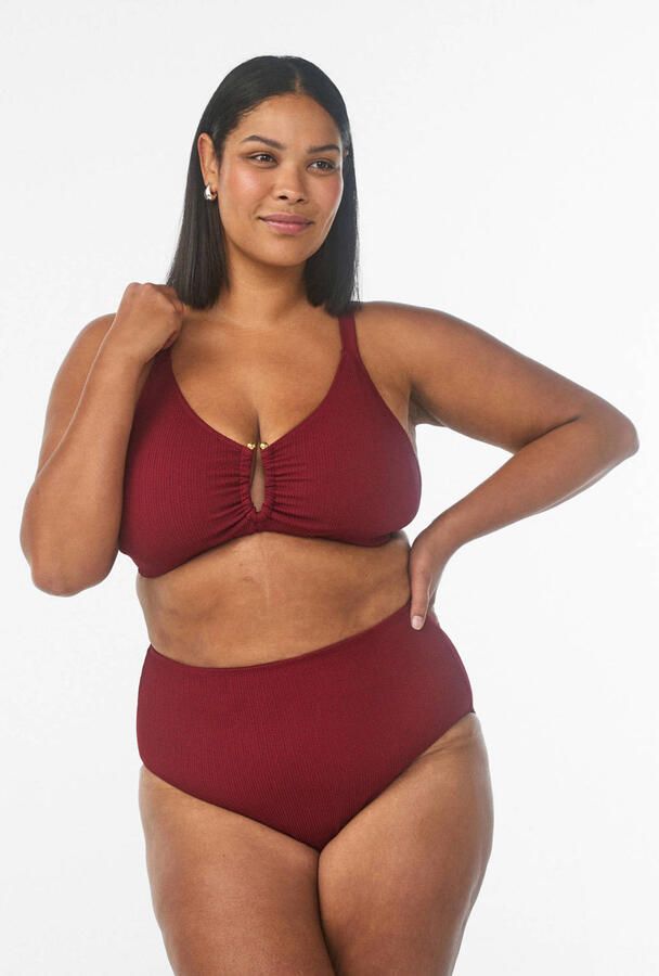 Zizzi high waist bikinibroekje SLINO met ribstructuur donkerrood
