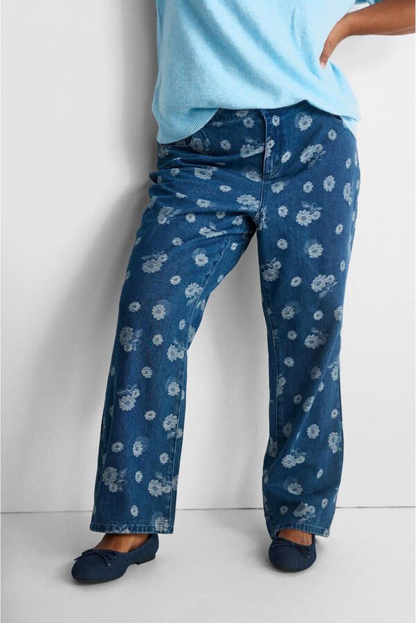 Zizzi high waist gebloemde wide leg jeans medium blue denim - Foto 3