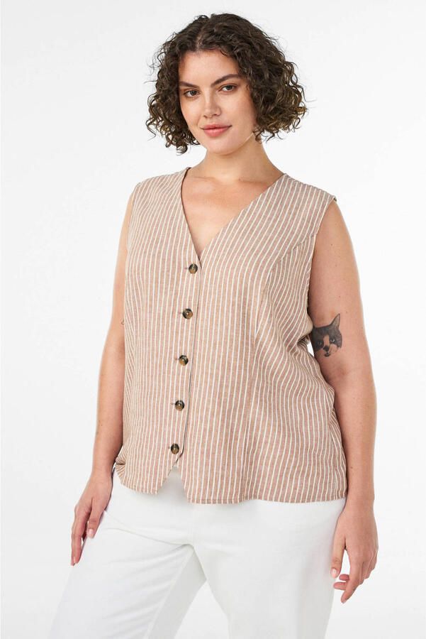 Zizzi linnen rechtvallend gilet Plus Size met krijtstreep beige