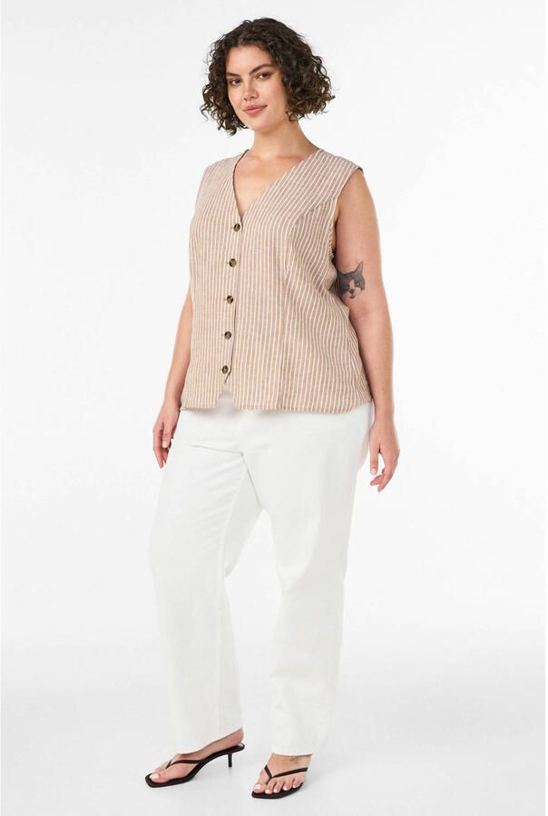 Zizzi linnen rechtvallend gilet Plus Size met krijtstreep beige - Foto 2