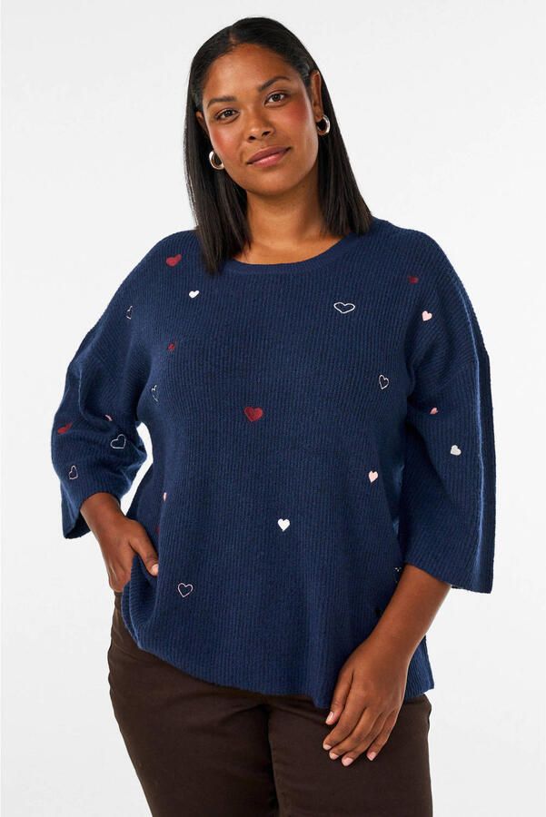 Zizzi Plus Size gebreide trui met hartjes donkerblauw