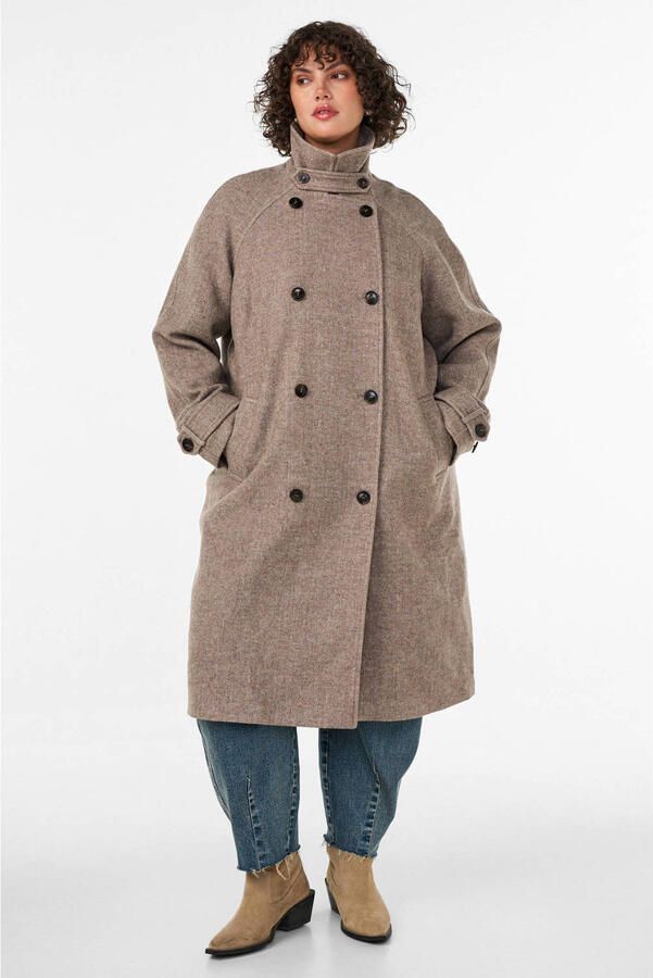 Zizzi Plus Size manteljas met wol lichtbruin