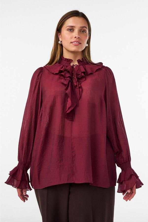 Zizzi Plus Size semi-transparante blouse met ruches donkerrood
