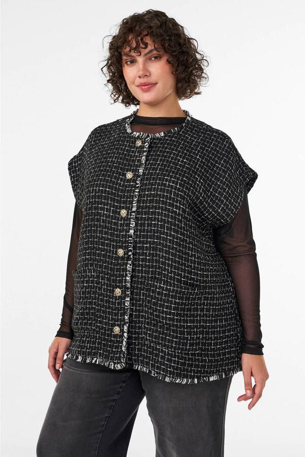 Zizzi Plus Size tweed geruite gilet met rafels zwart wit