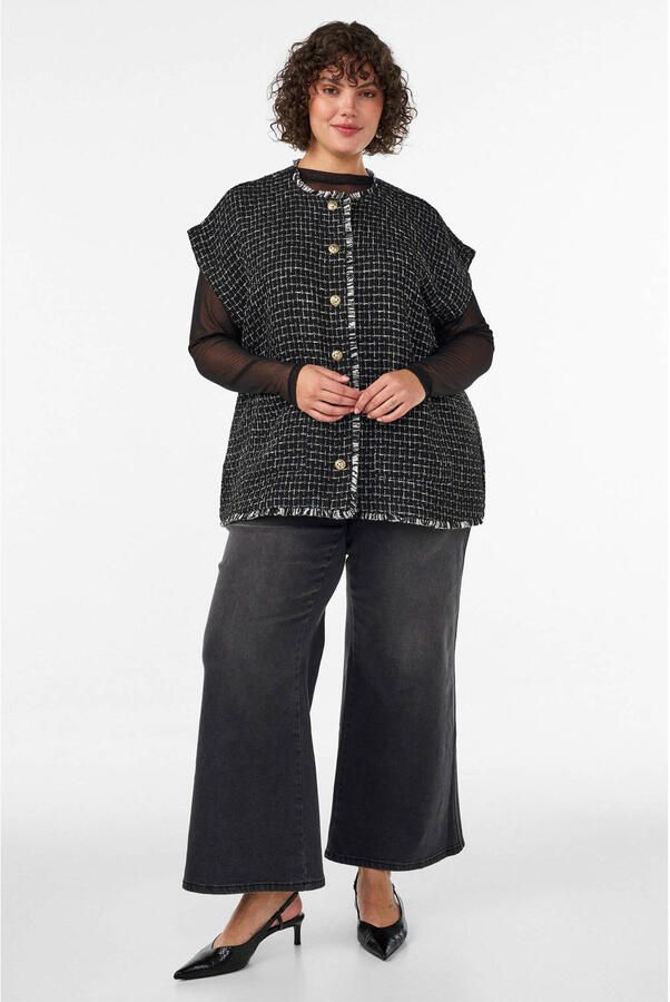 Zizzi Plus Size tweed geruite gilet met rafels zwart wit - Foto 2
