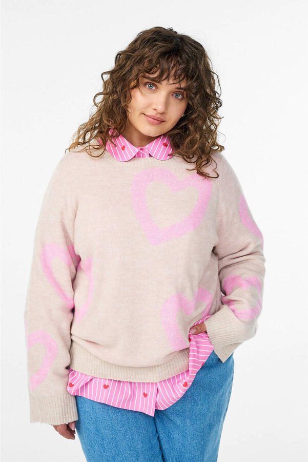 Zizzi pullover met hartjes beige - Foto 3