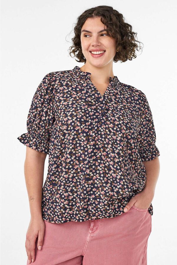 Zizzi rechtvallend gebloemde blousetop Plus Size donkerblauw