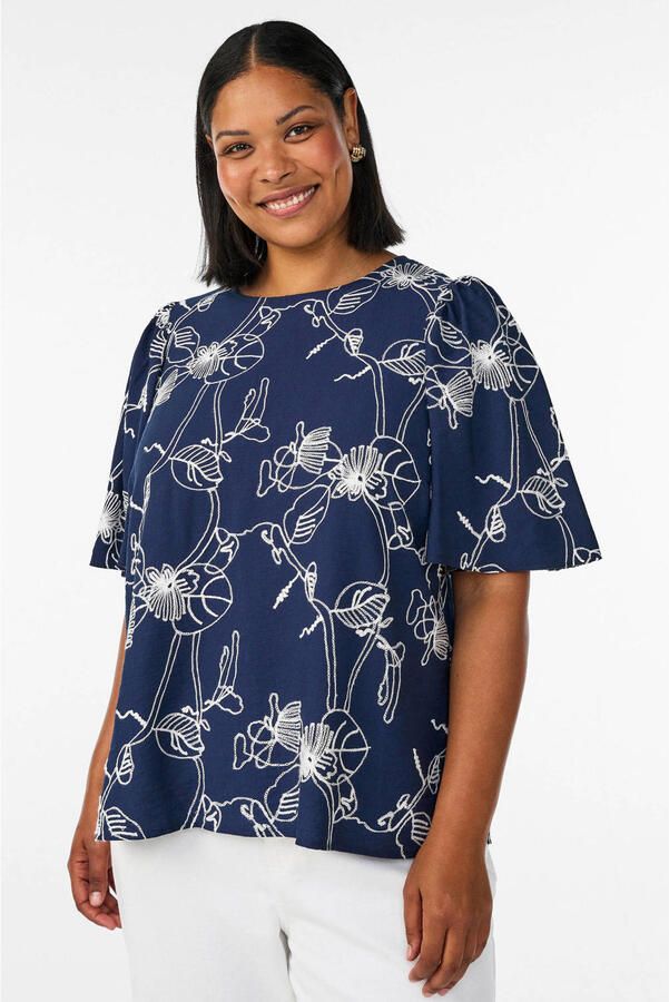 Zizzi rechtvallend gebloemde top Plus Size donkerblauw