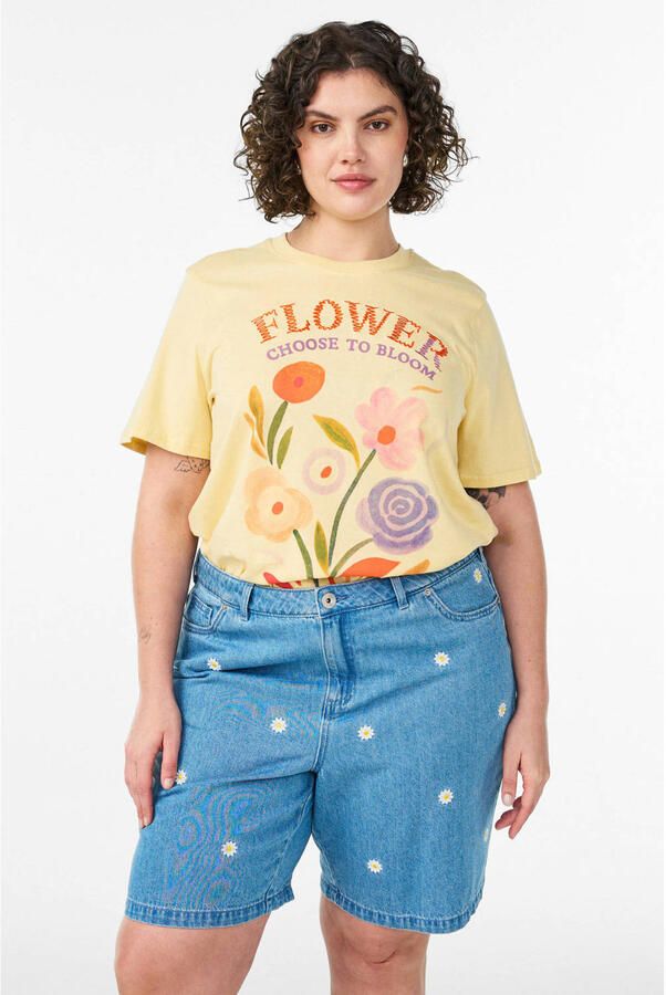 Zizzi regular high waist gebloemde short broderie medium blue denim