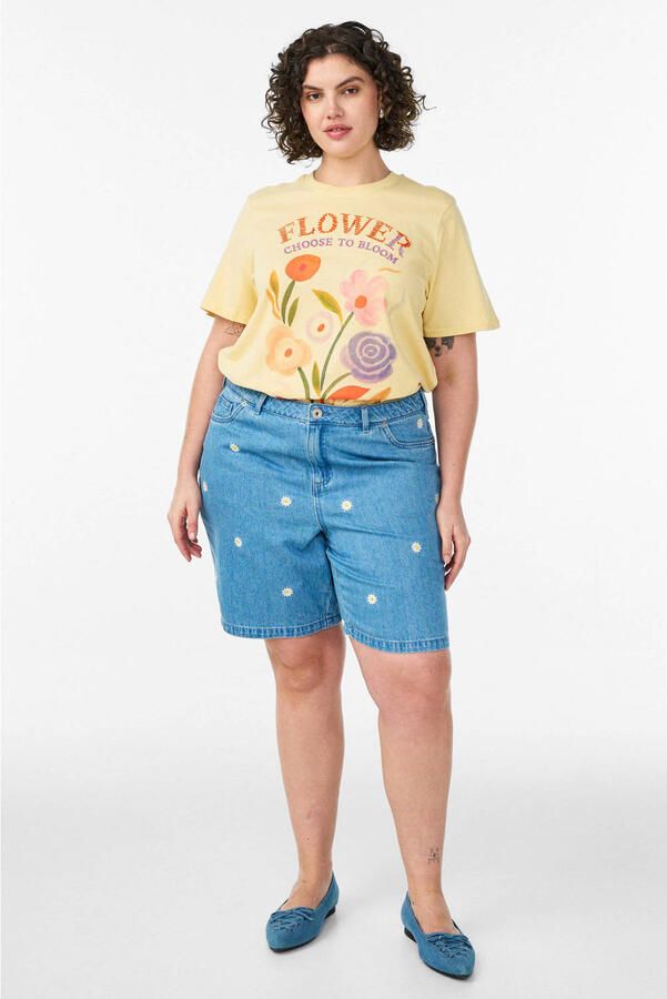 Zizzi regular high waist gebloemde short broderie medium blue denim - Foto 2
