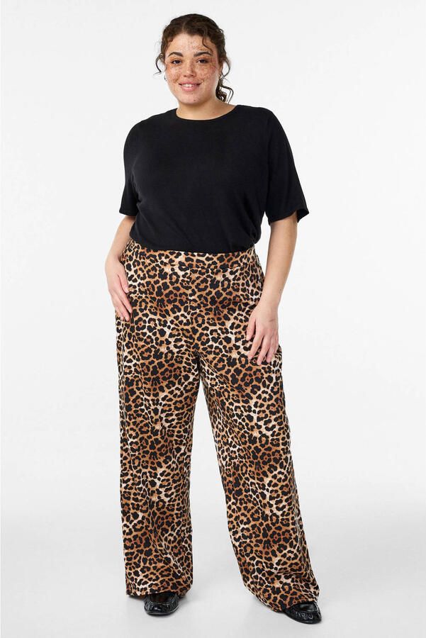 Zizzi straight high waist broek met panterprint bruin
